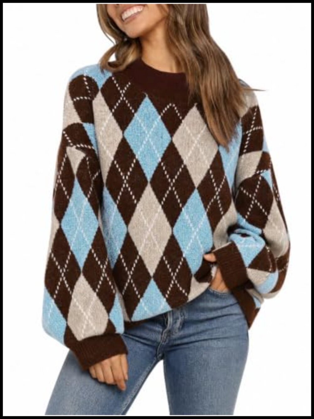 Women's Oversized Argyle Chunky Knit Pullover Sweater Crewneck Lantern Sleeve